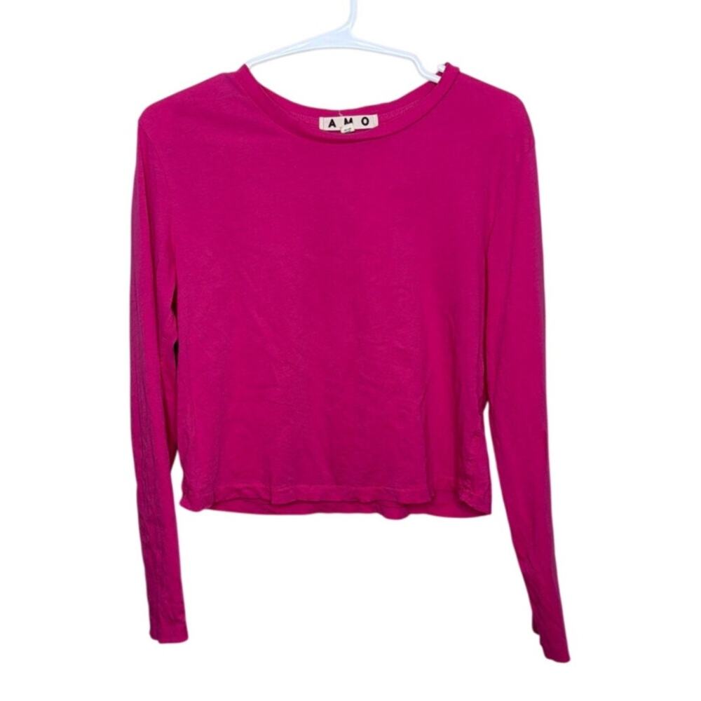 AMO L/S Babe Tee Luminous Pink Crop Crewneck T-Shirt Distressed Size Medium